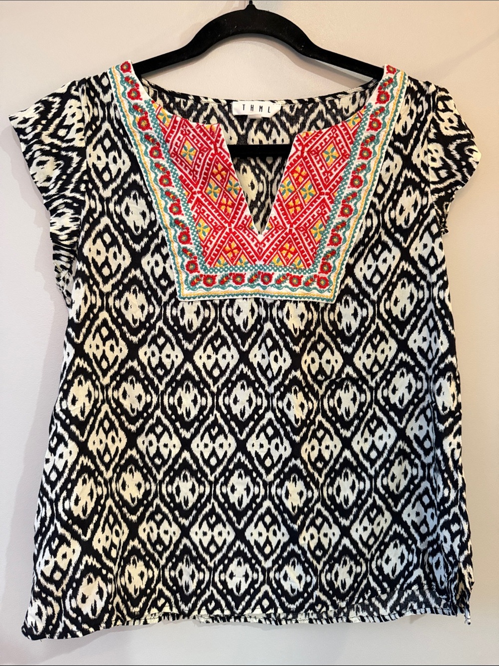 THML Black & White Ikat Tunic with coral Red yellow Embroidered Yoke M